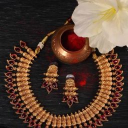 Saraf RS Jewellery Gold-Plated Pink Stone-Studded Handcrafted Leaf Design Temple Jewellery Set-image-76