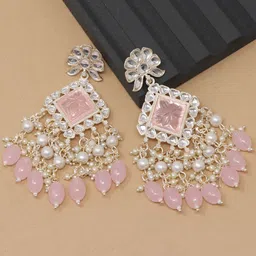 BELWICK Silver-Plated Kundan Studded And Pearls Beaded Diamond Shaped Drop Earrings-image-76