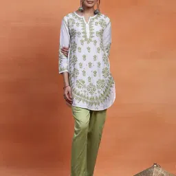 House Of Chikankari White Chanderi Straight Fit Chikankari Short Kurta-image-29