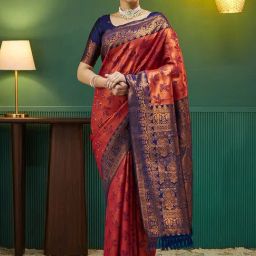 Satrani Navy Blue Silk Woven Saree With Unstitched Blouse-image-7