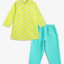 Campana Boys Lime and Turquoise Cotton Printed Kurta Set-image-90