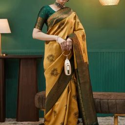 Satrani Yellow Silk Woven Saree With Unstitched Blouse-image-22