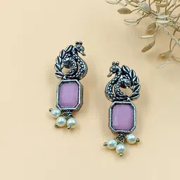 BLACKBOX Artificial Stone Studded Peacock Shaped Oxidised Drop Earring-25