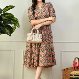 Jaipuri Fashionista Women Green & Beige Floral Print Puff Sleeve Cotton Fit & Flare Dress-picture-10