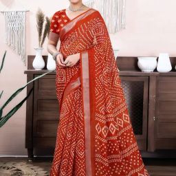 Satrani Rust Cotton Linen Printed Saree With Unstitched Blouse-26