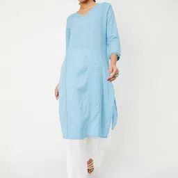 max Striped Embroidered V Neck Cotton Straight Kurta-image-80