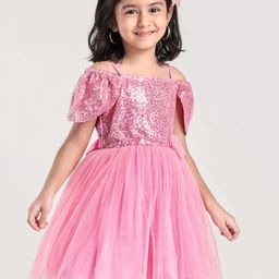 Babyhug Cap Sleeves Cold Shoulder Sequinned Party Wear Frock with Flower Applique - Pink-picture-48