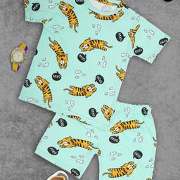 Ninos Dreams Half Sleeves Animal Theme Tiger Printed Night Suit - Green-image-94