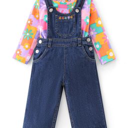 Babyhug 100% Cotton Knit Dungaree & Half Sleeves T-Shirt Set With Floral Print - Blue & Yellow Orange-image-73