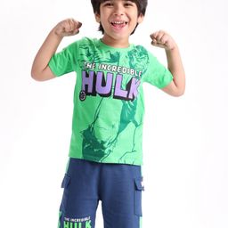 Babyhug Marvel Single Jersey Knit Half Sleeves T-Shirt And Shorts Set  With Hulk Graphics - Green & Navy Blue-image-71