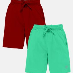 Kiddopanti Pack Of 2 Solid Shorts - Red & Aqua Green-image-101