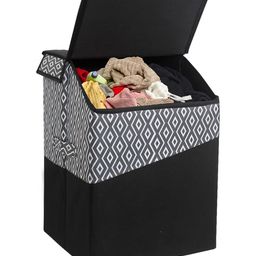 PrettyKrafts Laundry Square Shape Basket Bag,Foldable,Multipurpose,Carry Handles,Slanting Lid for Home Single Diamond Black ,Fabric-0