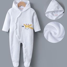 Kookie Kids Full Sleeves Footed  Hooded Winter Wear Romper with Giraffe Embroidery - White-image-91