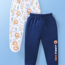 Doodle Poodle Interlock Cotton Knit Footed Bootie Leggings with Jungle Theme Print Pack of 2 - White & Blue-image-33