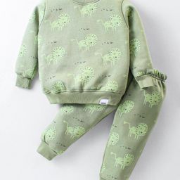 Teddy Cotton Fleece Knit Full Sleeves Winterwear T-Shirt & Lounge Pant Set with Tiger Print - Green-image-48