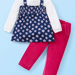 Babyhug Single Jersey Knit Floral Printed Top With Solid Colour Inner Tee & Trouser Set -Navy White & Red-image-86
