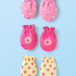 Babyhug Interlock Knit Mittens With Polka Dot & Floral Print Pack of 3 - Pink Yellow & Dark Pink-picture-6