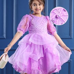 Mark & Mia Half Sleeves Ruffles & Frill Party Frock With Pearl Detailing & Floral Embroidery- Lilac-image-76