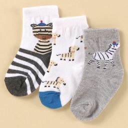 Cute Walk by Babyhug Cotton Knit Antibacterial Ankle Length Socks With Striped & Animal Print - White & Grey-image-24