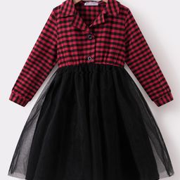 Kookie Kids Full Sleeves Party Frock With Checks - Red-image-75