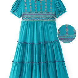 EARTHY TOUCH Woven Half Sleeves EmbroideredTiered Ethnic Dress - Light Blue-image-11