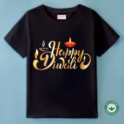 BLUSHES Diwali Theme 100% Cotton Half Sleeves Happy Diwali Text Printed Tee - BLACK-picture-31