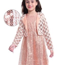 Hola Bonita Knit Full Sleeves SequinedJacket & Knee LengthA Line Party Dress- Peach-image-70