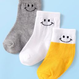 Cute Walk By Babyhug Cotton Knit Anti-Bacterial Ankle Length Socks With Smiley Design Pack of 3 - Yellow White & Grey-image-40