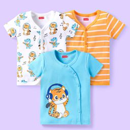 Babyhug 100% Cotton Woven Half Sleeves Front Open Jhabla with Stripe & Animal Print Pack Of 3 - Light Blue White & Mustard-picture-21