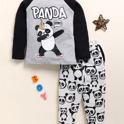 Little Marine Cotton Kint Full Sleeves Panda Printed Night Suit - Grey & Black-image-96