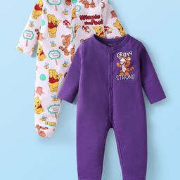 Babyhug Disney Interlock Knit Full Sleeves Footed Sleep Suits With Winnie The Pooh Graphics Pack Of 2 - Purple & White-picture-35