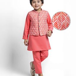 Babyhug Cotton Woven Full Sleeves Solid Kurta Pyjama Set with Leaf Printed Jacket - Coral-image-83