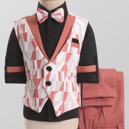Rikidoos Full Sleeves Solid Shirt With Abstract Printed Waistcoat Pant & Bow Set - Dark Peach & Black-image-46