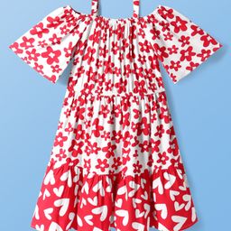 Pine Kids Rayon Woven Half Cold Shoulder Sleeves Frock with Floral Print - Red-image-42