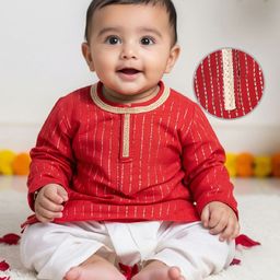 Babyoye Cotton Woven Full Sleeves Kurta Dhoti Set with Foil Printed Stripes - Red-image-75