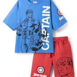 Pine Kids Marvel Single Jersey Knit Half Sleeve Drop Shoulder T-Shirt & Short Set With Captain America Graphic - Blue & Red-11