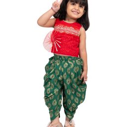 Twisha Sleeveless Sequin Embellished Floral Applique Top With Ethnic Motifs Printed Dhoti Set - Red & Green-image-69