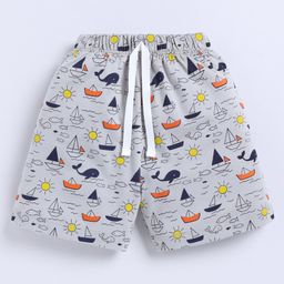 Little Ninja Cotton Boats & Fish Printed Shorts - Grey-image-47