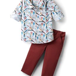 Babyhug Cotton Woven Full Sleeves Printed Shirt & Trouser Set - White & Red-image-100