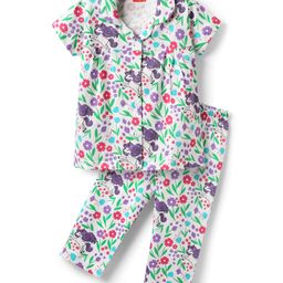 Babyhug Cotton Knit Front Open Half Sleeves Co-ords Night Suit With Unicorn & Floral Print - White-image-13