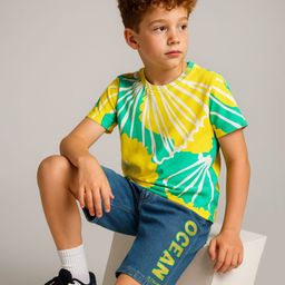 OLLINGTON ST.Knit Half Sleeves Floral Printed T-Shirt & Stretchable Denim Shorts Set - Multicolor & Blue-image-8