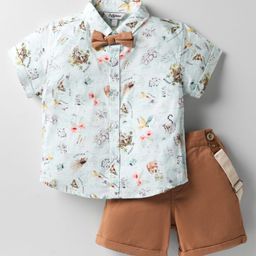 ToffyHouse Cotton Woven Half Sleeves Tropical Theme Printed Party Shirt & Shorts Set with Bow & Suspender - Brown-picture-13