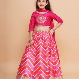 Bitiya By Bhama Silk Woven Three Fourth Sleeves Chevron Printed Gota Lace Embellished Lehenga Choli With Dupatta Set - Pink & White-image-2