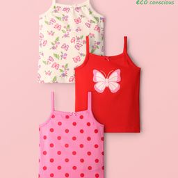 Babyoye Cotton Elastane Knit Sleeveless Slips with Butterfly & Floral Print Pack of 3 - Red Pink & Cream-picture-16