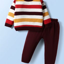 Doodle Poodle Knitted Full Sleeves Pullover Sweater Set With Jacquard Knit Design - Mustard Red & Brown-picture-31