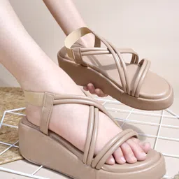 Shoetopia Criss Cross Designed Straps Closure Solid Wedges - Beige-picture-20