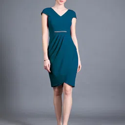 Chemistry Women V-Neck Cap Sleeve Solid Wrapped Polyester Knee-Long Work wear Dress-image-27