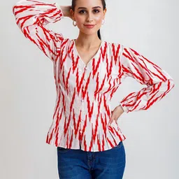 Golden Mirror Abstract Printed V-Neck Long Sleeves Cotton Tops-21