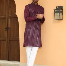 KRAFT INDIA LUXE Chevron Embroidered Sequinned Work Mandarin Collor Straight Kurta-image-60