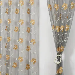 Aura Grey & Beige Set of 2 Embroidered Sheer Window Curtain-51